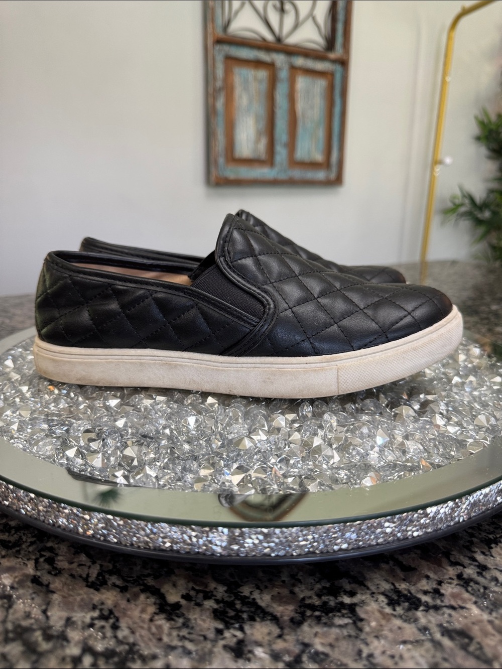 Brash Black Quilted Slip-On Sneakers with White Sole